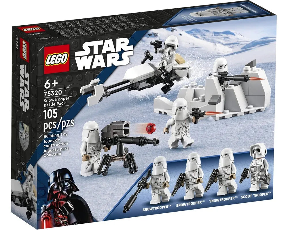 LEGO Star Wars 75320 Snowtrooper Battle Pack box art with speeder bike, fort, multiple Snowtroopers, and a Scout Trooper minifigure.