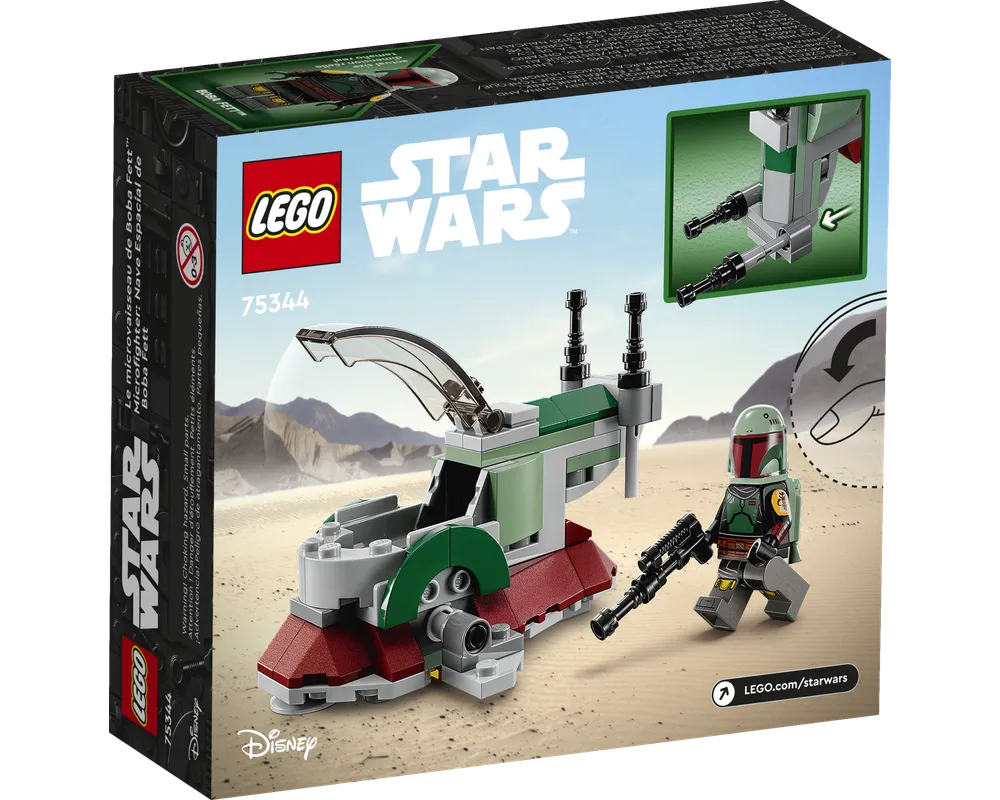 LEGO Star Wars 75344 Boba Fett's Starship Microfighter box back, showing the ship, Boba Fett minifigure, and play features.