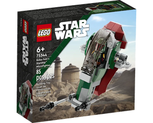 LEGO Star Wars 75344 Boba Fett's Starship Microfighter set box. The green and red microfighter with Boba Fett is shown in flight.