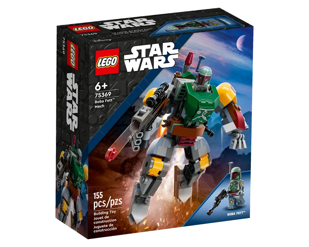 LEGO Star Wars 75369 Boba Fett Mech box showing the mech in action, a Boba Fett minifigure, and set details.