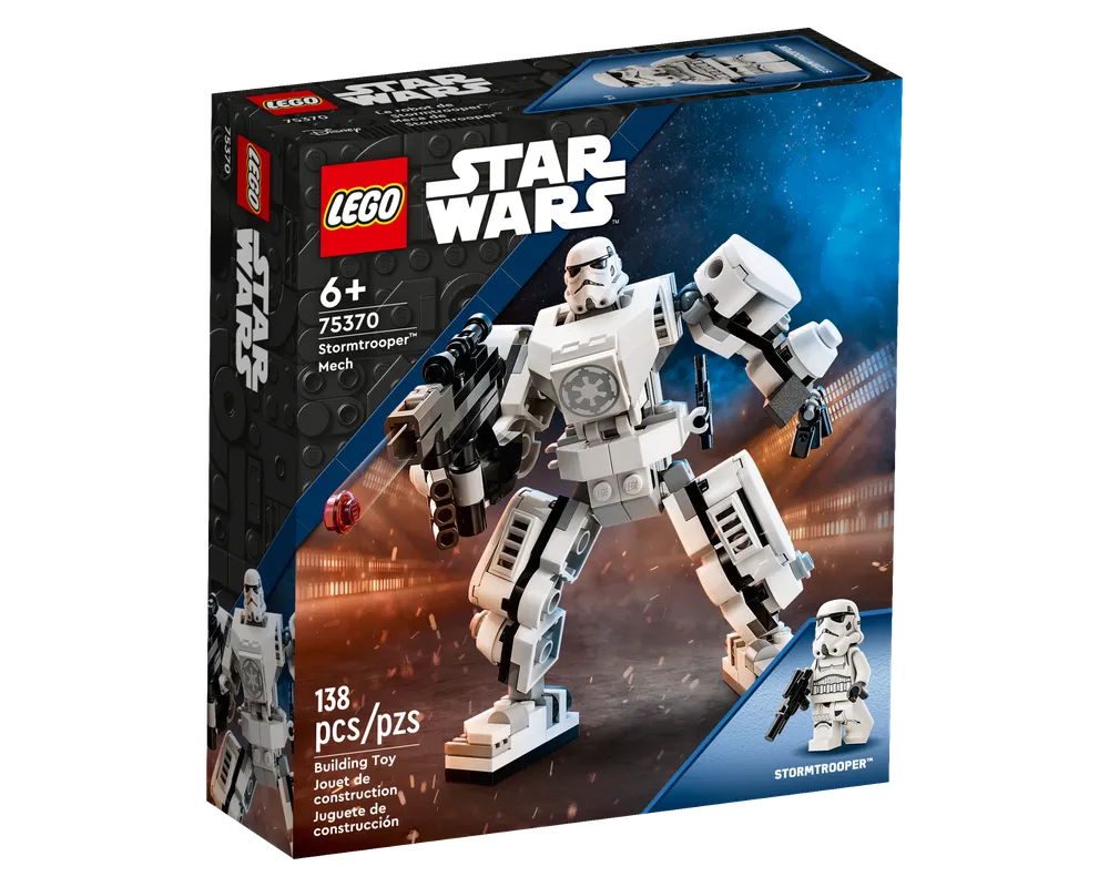 LEGO Star Wars 75370 Stormtrooper Mech box featuring the white mech with blaster, and a Stormtrooper minifigure.