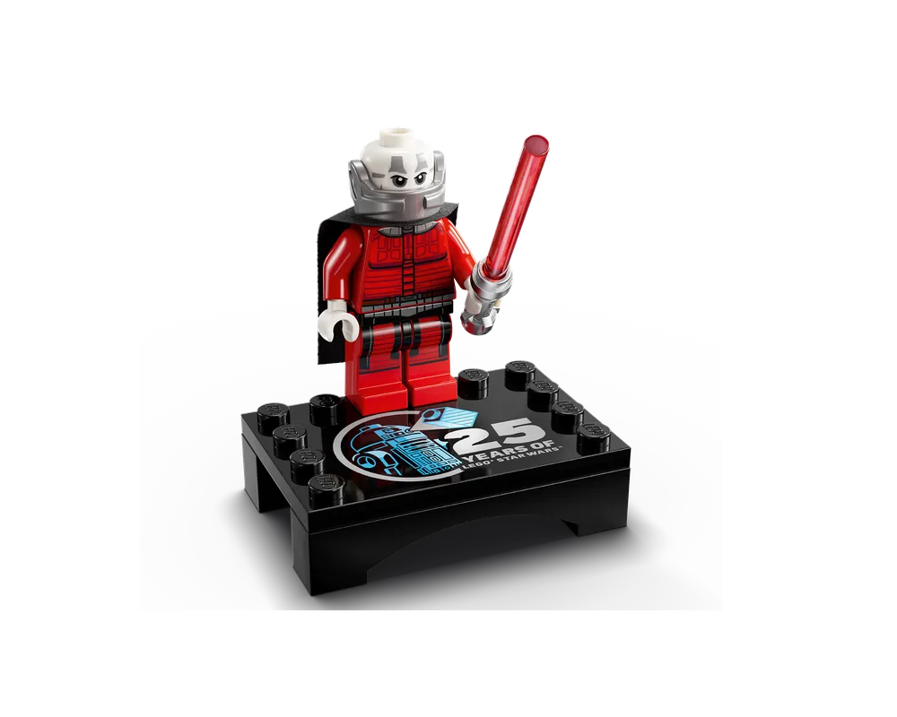 LEGO Star Wars Darth Malak minifigure with red lightsaber on a black display stand celebrating 25 years.
