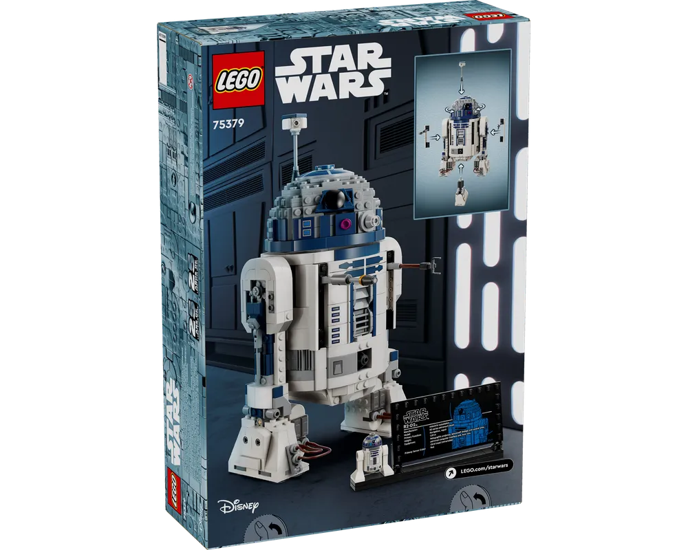Back of the LEGO Star Wars 75379 R2-D2 set box, featuring the built model, a minifigure, and display plaque.