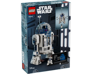 Back of the LEGO Star Wars 75379 R2-D2 set box, featuring the built model, a minifigure, and display plaque.
