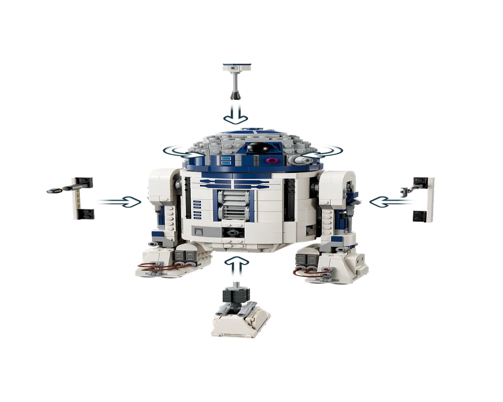 LEGO Star Wars 75379 R2-D2 model with detachable periscope, tools, and third leg components shown with arrows.