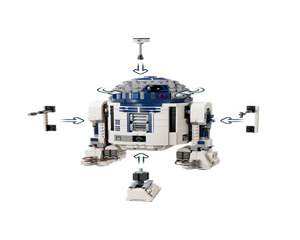 LEGO Star Wars 75379 R2-D2 model with detachable periscope, tools, and third leg components shown with arrows.