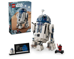 Large LEGO Star Wars R2-D2 droid with its box, display stand with mini R2-D2 and info plaque, and Darth Malak minifigure.