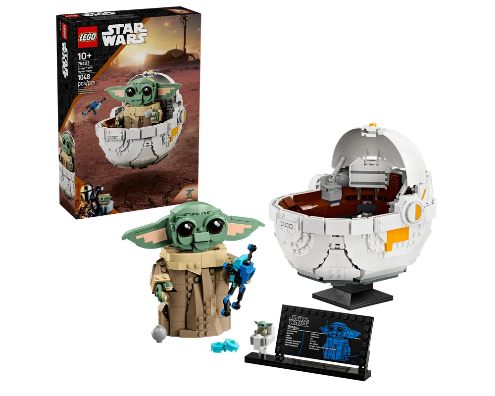 LEGO Star Wars 75403 Grogu with Hover Pram set, showing the box, a large Grogu figure, and the open hover pram.