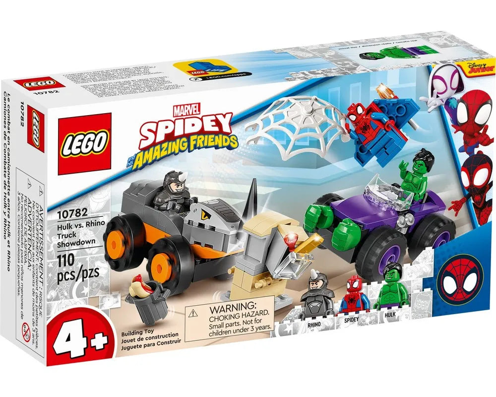 LEGO 10782 Hulk vs. Rhino Truck Showdown box with Rhino's gray truck, Hulk's purple car, Spider-Man, and minifigures.