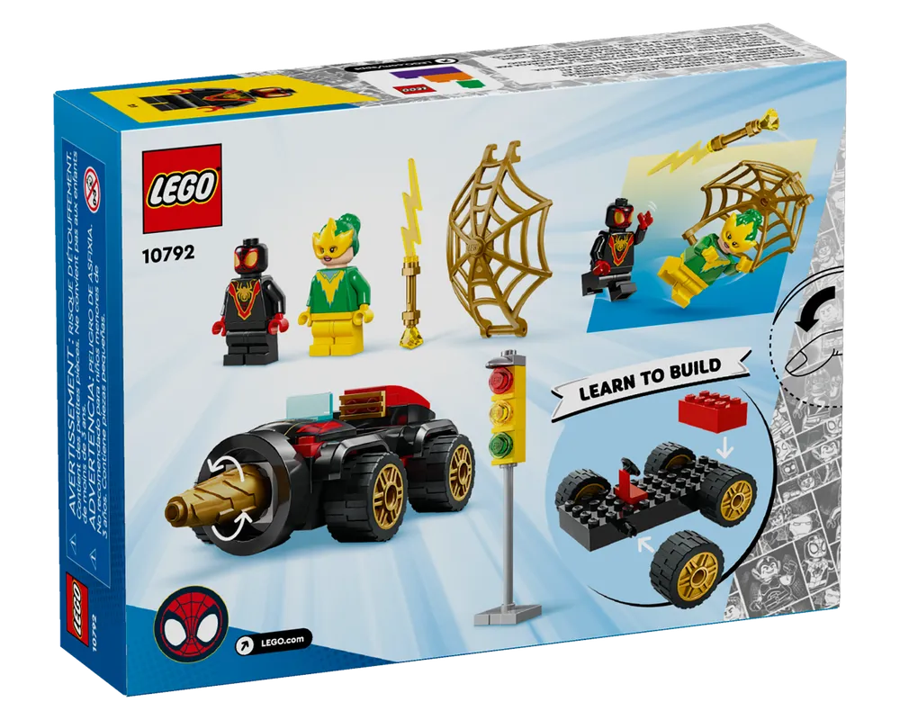Back of LEGO Super Heroes 10792 Drill Spinner Vehicle box. Features Miles Morales, Electro, drill car, web, traffic light.