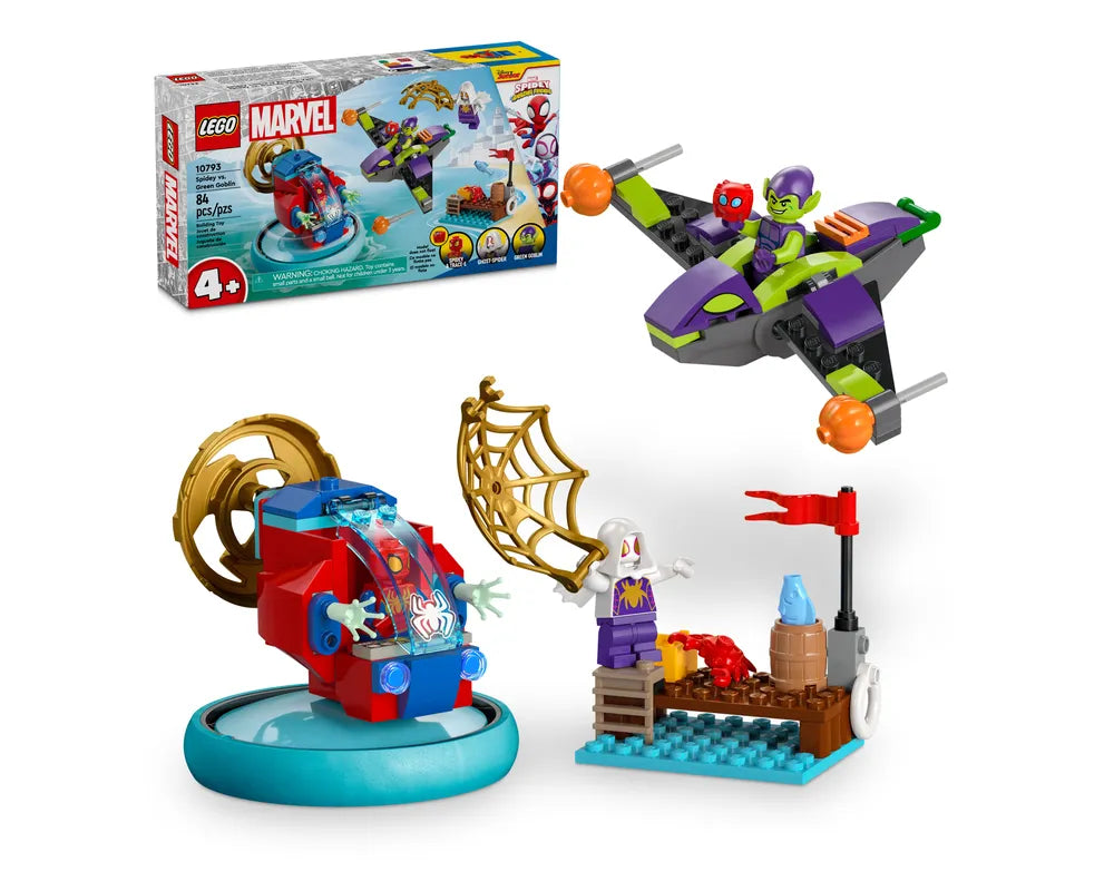 LEGO set 10793 Spidey vs. Green Goblin: box, Spidey's boat, Green Goblin's glider, Ghost-Spider, and small dock build.