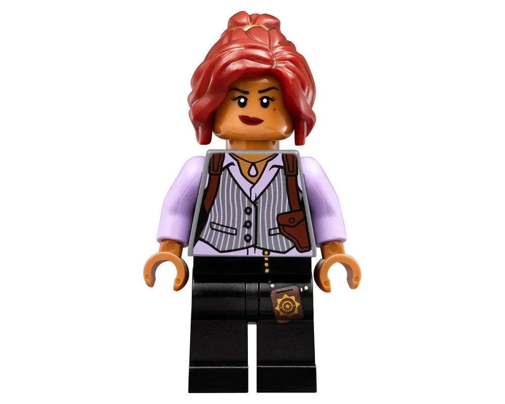 Full-body view of LEGO Commissioner Barbara Gordon minifigure with reddish-brown hair, vest, holster, and black pants.