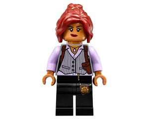 Full-body view of LEGO Commissioner Barbara Gordon minifigure with reddish-brown hair, vest, holster, and black pants.