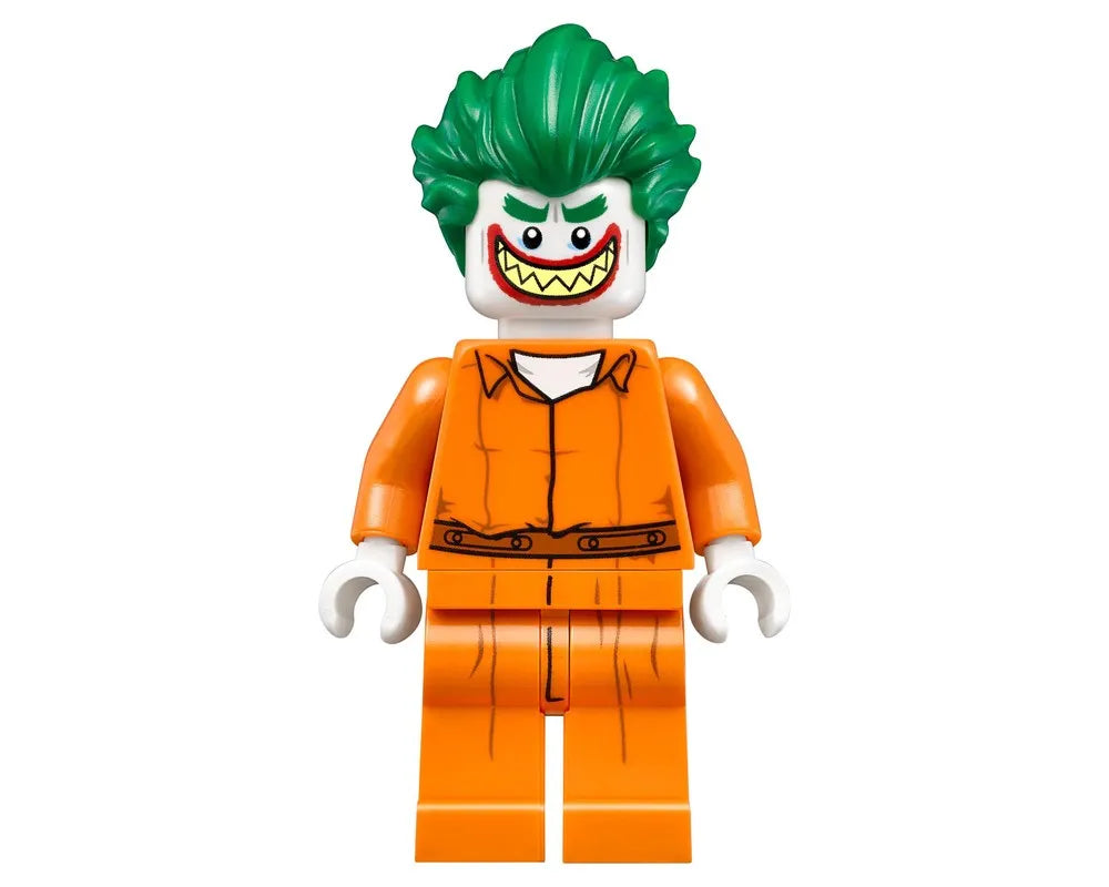 LEGO Super Heroes Joker minifigure from set 70912, wearing an orange Arkham Asylum jumpsuit and green hair.