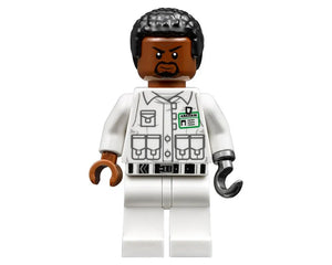 LEGO Arkham Asylum minifigure with dark skin, black hair, beard, angry face, white uniform with Arkham ID, and two hook hands.