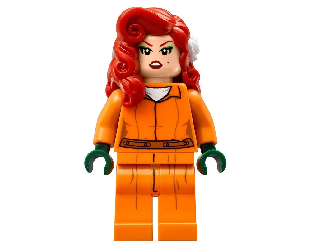 LEGO Super Heroes Poison Ivy minifigure from Arkham Asylum, with red hair and orange prison jumpsuit.