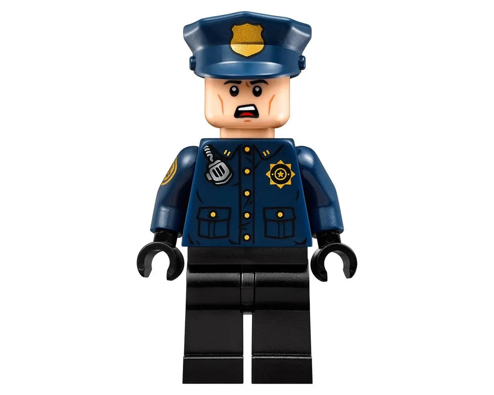 LEGO police officer minifigure from Arkham Asylum, wearing a blue uniform, hat, gold badge, radio, and shoulder patch.