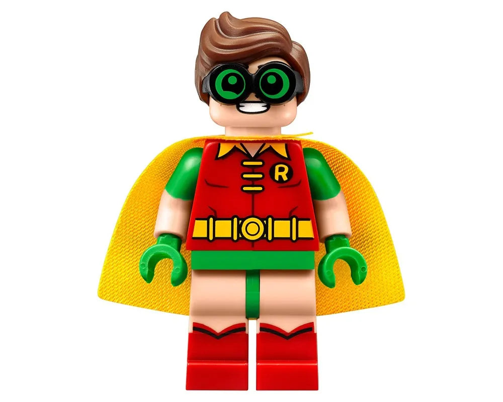 LEGO Robin minifigure with brown hair, green goggles, red tunic with 'R' and utility belt, yellow cape, green sleeves, and red boots.