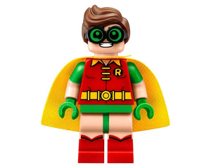 LEGO Robin minifigure with brown hair, green goggles, red tunic with 'R' and utility belt, yellow cape, green sleeves, and red boots.