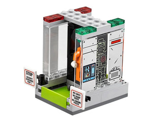 LEGO Arkham Asylum security screening station with transparent walls, green floor, scanner details, and warning signs.