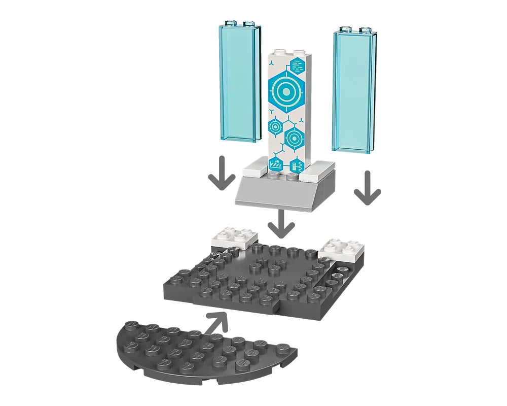 LEGO Super Heroes 76212 Shuri's Lab assembly step. Gray baseplate, white and blue pillar, two transparent panels, and curved gray plate.