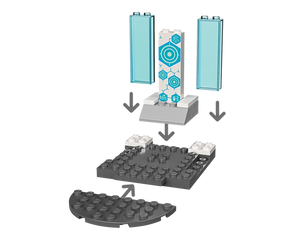 LEGO Super Heroes 76212 Shuri's Lab assembly step. Gray baseplate, white and blue pillar, two transparent panels, and curved gray plate.
