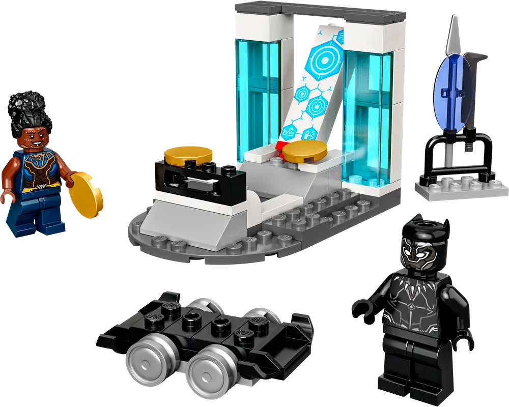 LEGO Super Heroes Shuri's Lab set 76212 featuring Shuri and Black Panther minifigures, lab, vehicle, and weapon stand.