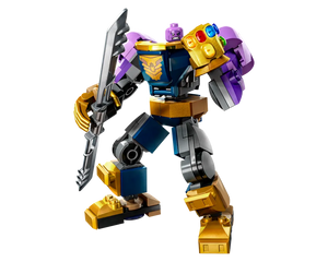 LEGO Super Heroes 76242 Thanos Mech Armor in gold, purple, and blue, with Infinity Gauntlet arm and sword.