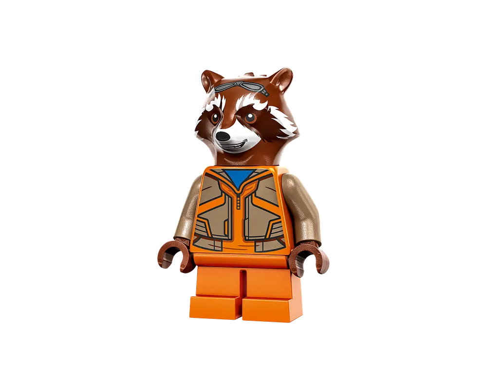 LEGO Rocket Raccoon minifigure wearing an orange jumpsuit with blue and grey details, goggles on his head, on a white background.