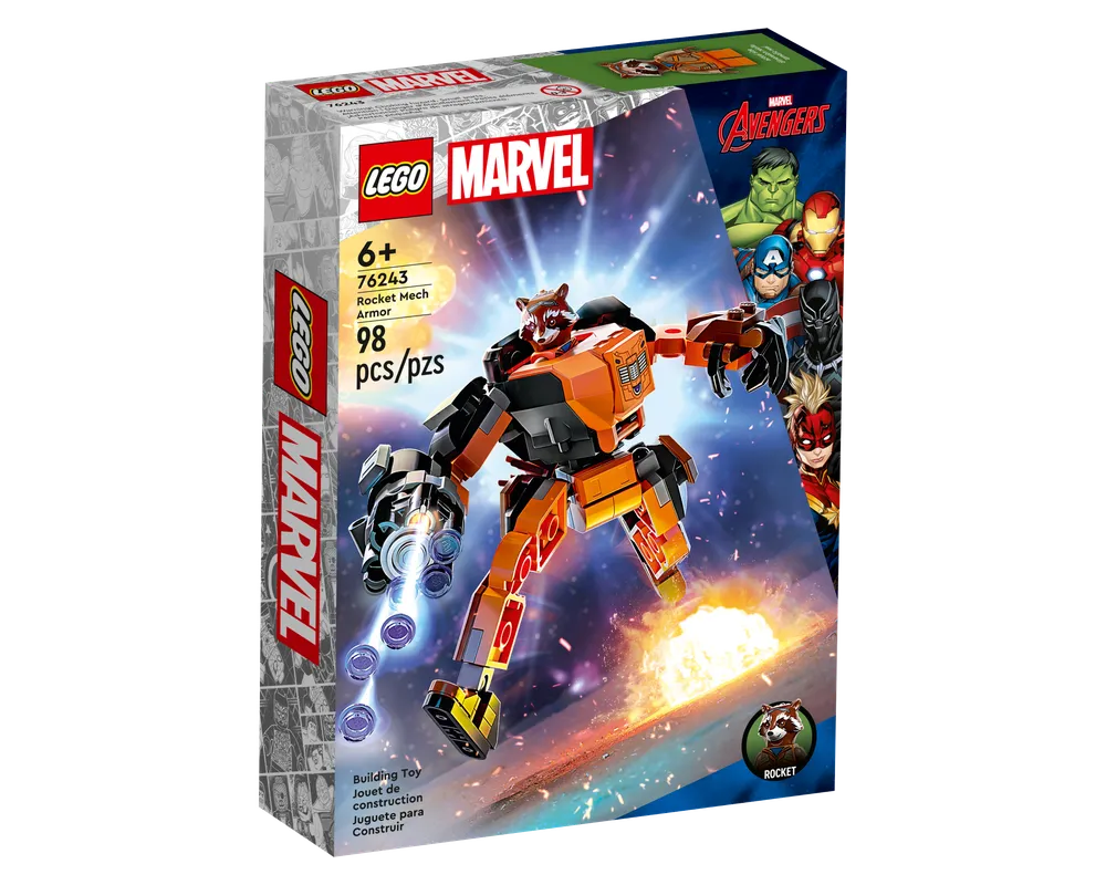 LEGO Marvel 76243 Rocket Mech Armor box featuring the built orange and black mech, Rocket minifigure, and Marvel characters.