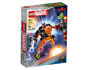 LEGO Marvel 76243 Rocket Mech Armor box featuring the built orange and black mech, Rocket minifigure, and Marvel characters.