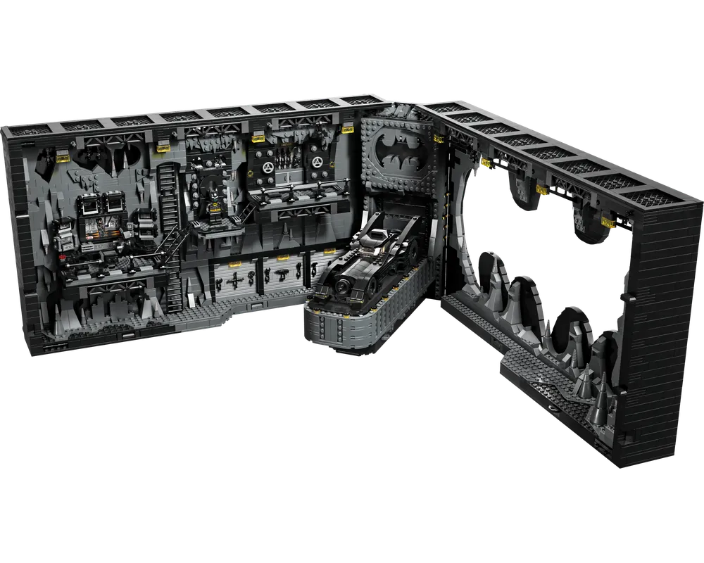 LEGO Super Heroes 76252 Batcave Shadow Box set open, revealing a detailed Batcave interior, a Batmobile, and a Batman symbol.
