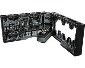 LEGO Super Heroes 76252 Batcave Shadow Box set open, revealing a detailed Batcave interior, a Batmobile, and a Batman symbol.
