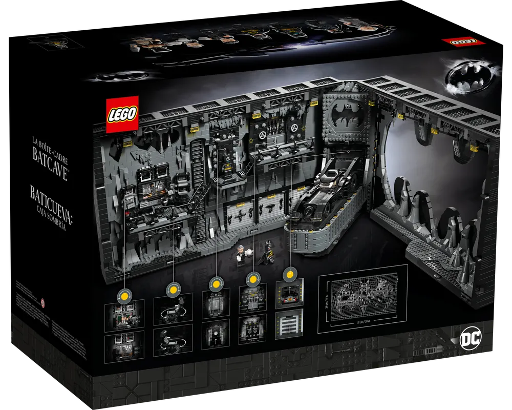 Back of LEGO Super Heroes 76252 Batcave Shadow Box packaging, showing the built Batcave set with Batmobile and minifigures.
