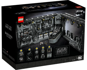 Back of LEGO Super Heroes 76252 Batcave Shadow Box packaging, showing the built Batcave set with Batmobile and minifigures.