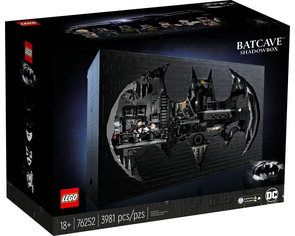 LEGO 76252 Batcave Shadow Box. Black box with a Batman symbol cutout reveals Batcave interior, Batmobile, and minifigures.