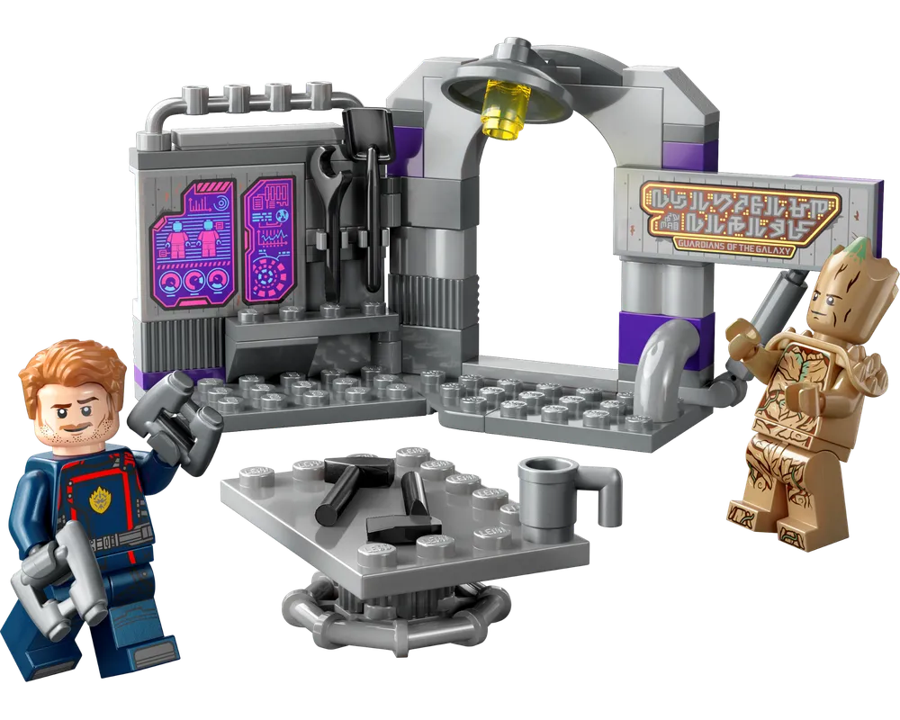 LEGO Super Heroes 76253 Guardians of the Galaxy Headquarters with Star-Lord, Groot, workshop, tools, and console.
