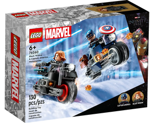 LEGO Marvel 76260 box showing Black Widow and Captain America minifigures on motorcycles in a snowy scene.