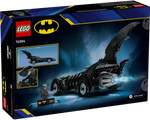 Back of a LEGO Batman Forever Batmobile (76304) box, showing the assembled Batmobile, Batman minifigure, and dimensions.