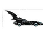 Side view of the black LEGO Batman Forever Batmobile with bat-wing fins, showing its 41 cm length and 17 cm height.