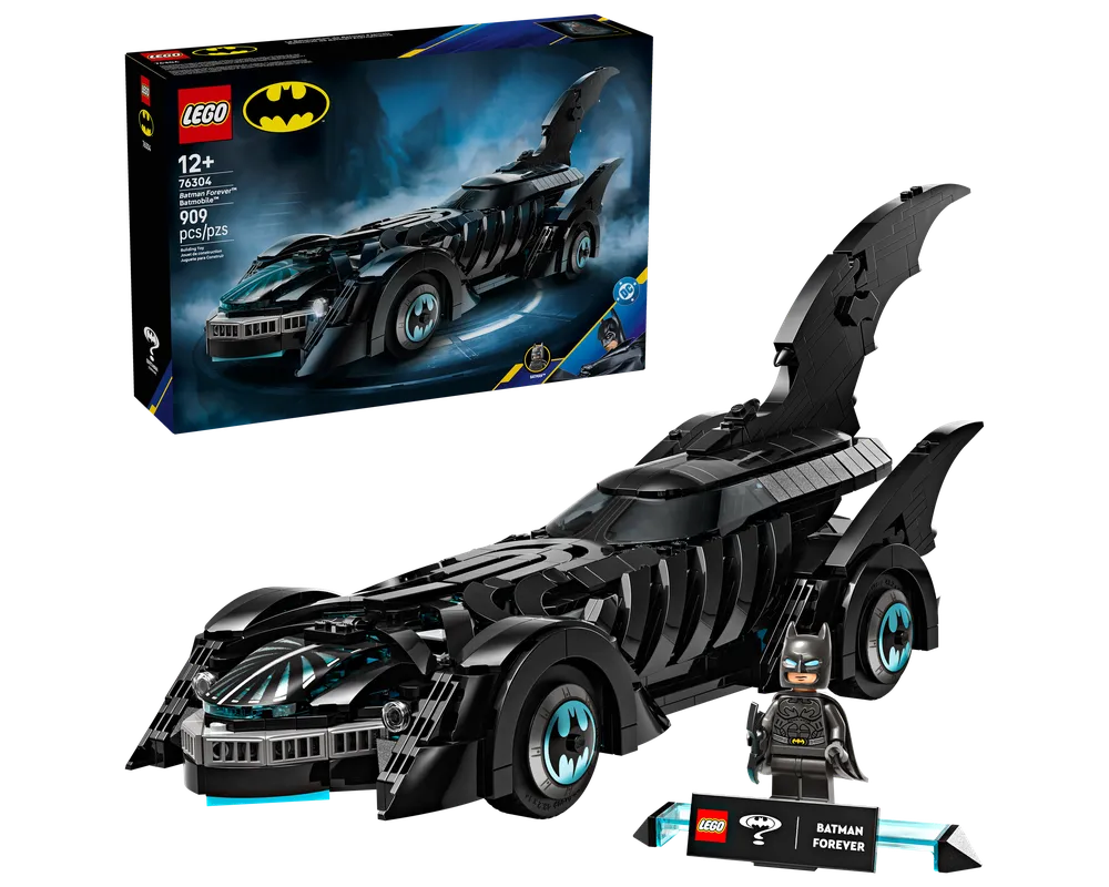 LEGO 76304 Batman Forever Batmobile set: assembled black Batmobile car, Batman minifigure, display stand, and product box.