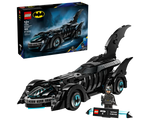 LEGO 76304 Batman Forever Batmobile set: assembled black Batmobile car, Batman minifigure, display stand, and product box.