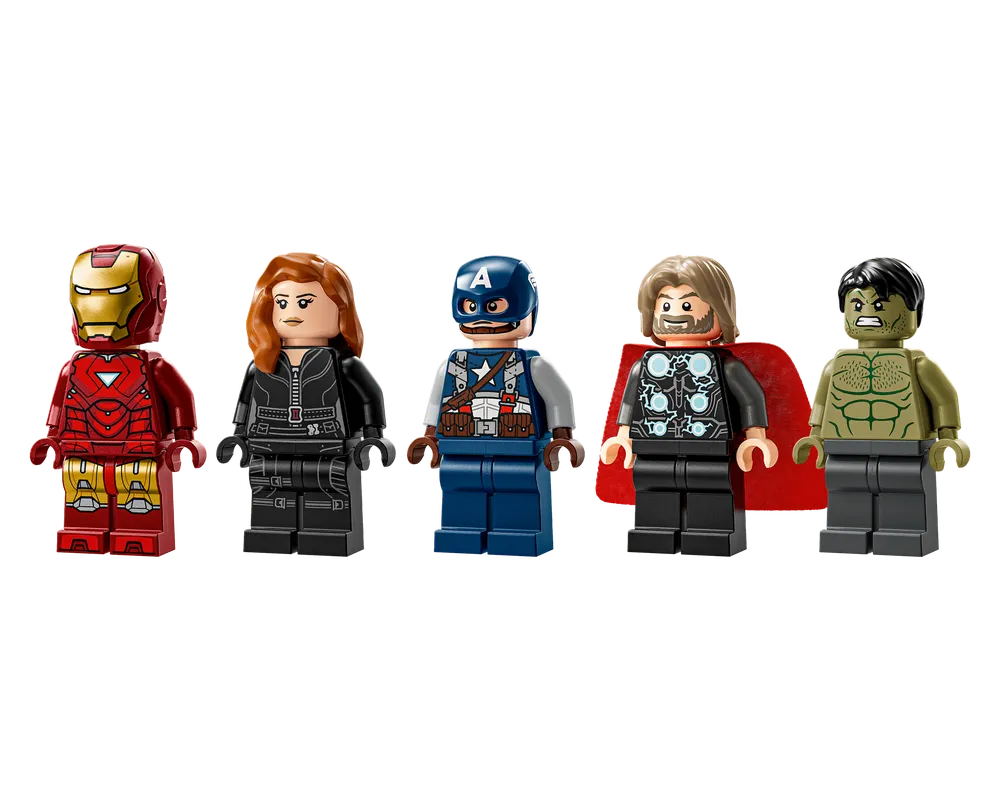 Five LEGO Marvel Super Heroes minifigures: Iron Man, Black Widow, Captain America, Thor, and Hulk, in a line.