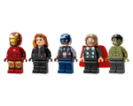 Five LEGO Marvel Super Heroes minifigures: Iron Man, Black Widow, Captain America, Thor, and Hulk, in a line.
