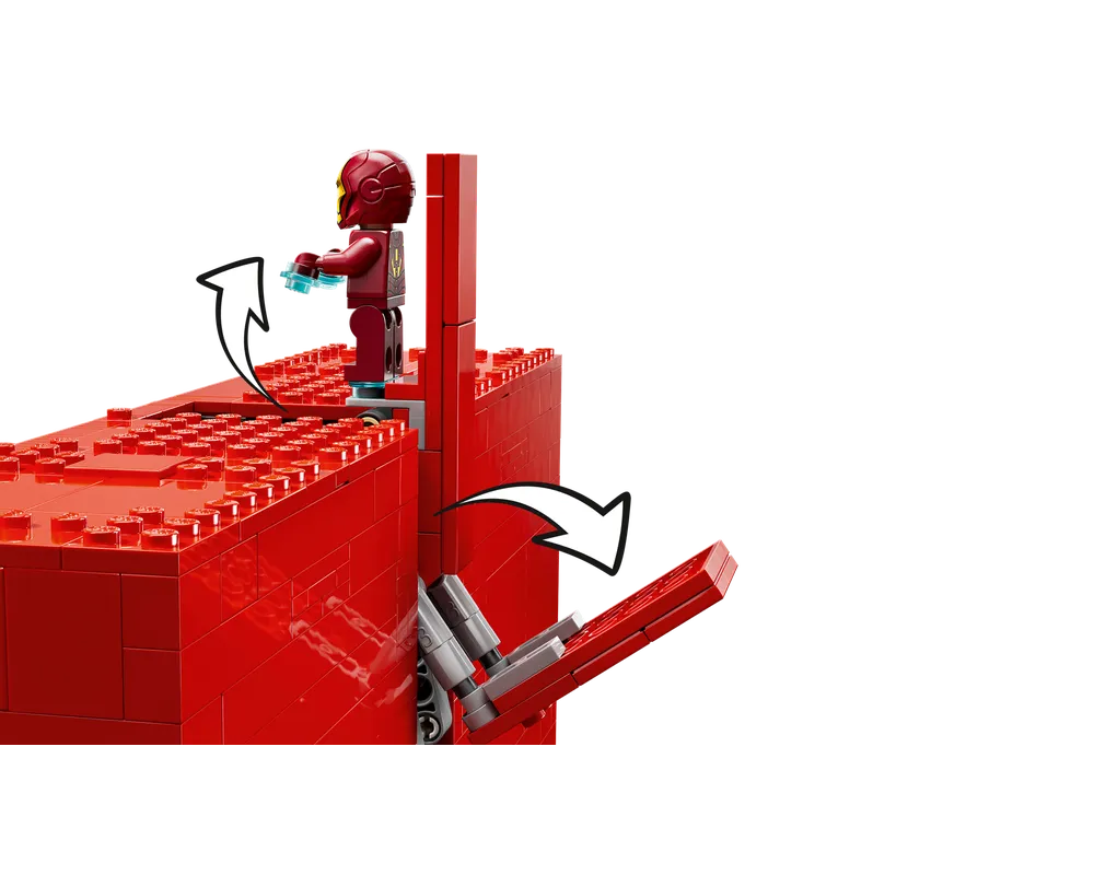 LEGO Iron Man minifigure on a red brick build, with arrows showing the minifigure rotating and a hinged red section opening.