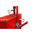 LEGO Iron Man minifigure on a red brick build, with arrows showing the minifigure rotating and a hinged red section opening.