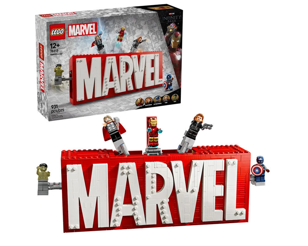 LEGO Super Heroes 76313 Marvel Logo set with minifigures of Hulk, Thor, Iron Man, Black Widow, and Captain America.