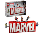 LEGO Super Heroes 76313 Marvel Logo set with minifigures of Hulk, Thor, Iron Man, Black Widow, and Captain America.