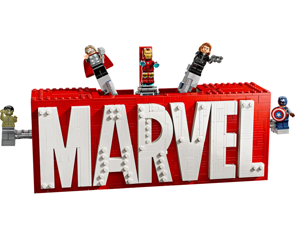 LEGO Super Heroes Marvel logo build in red and white with Thor, Iron Man, Black Widow, Hulk, and Captain America minifigures.