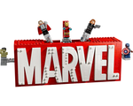 LEGO Super Heroes Marvel logo build in red and white with Thor, Iron Man, Black Widow, Hulk, and Captain America minifigures.